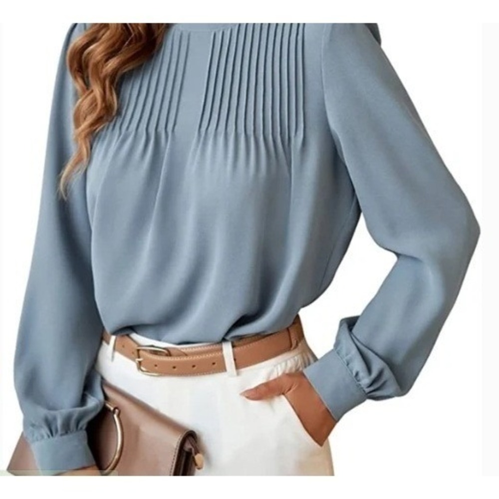 LIUMILAC Gray Pleated Mock Neck Long Sleeve Blouse Size L